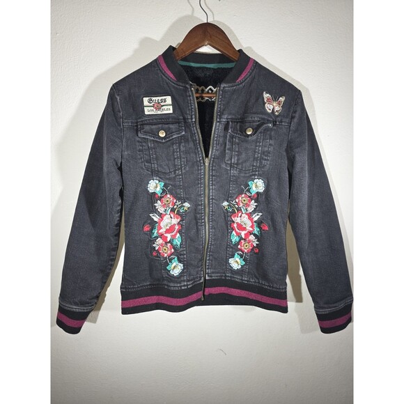 Guess Girls Reversible Bomber Jacket size 16 Black Denim Faux Fur Patches Thick